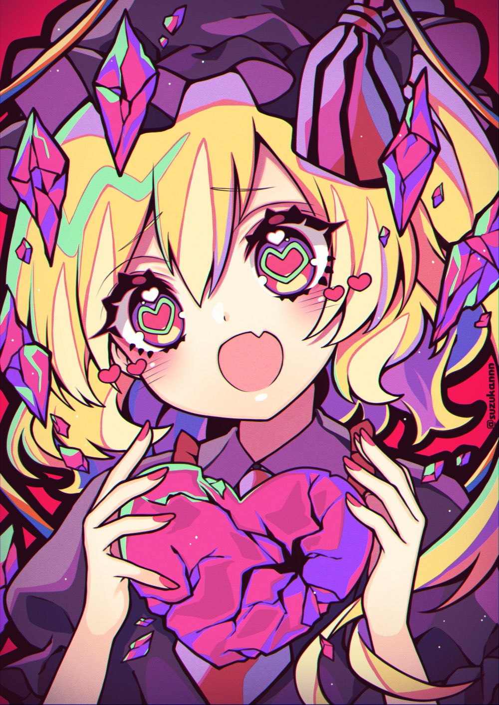 1girl alternate_color black_bow black_headwear black_shirt blonde_hair blush bow broken broken_heart commentary_request crack crystal eyebrows_visible_through_hair fang flandre_scarlet frilled_shirt_collar frills furrowed_eyebrows hands_up hat hat_bow head_tilt heart heart-shaped_pupils highres holding holding_heart kyouda_suzuka looking_at_viewer medium_hair mob_cap multicolored multicolored_eyes nail_polish necktie one_side_up open_mouth pink_nails puffy_short_sleeves puffy_sleeves red_eyes shards shirt short_sleeves skin_fang solo symbol-shaped_pupils touhou twitter_username upper_body violet_eyes wings