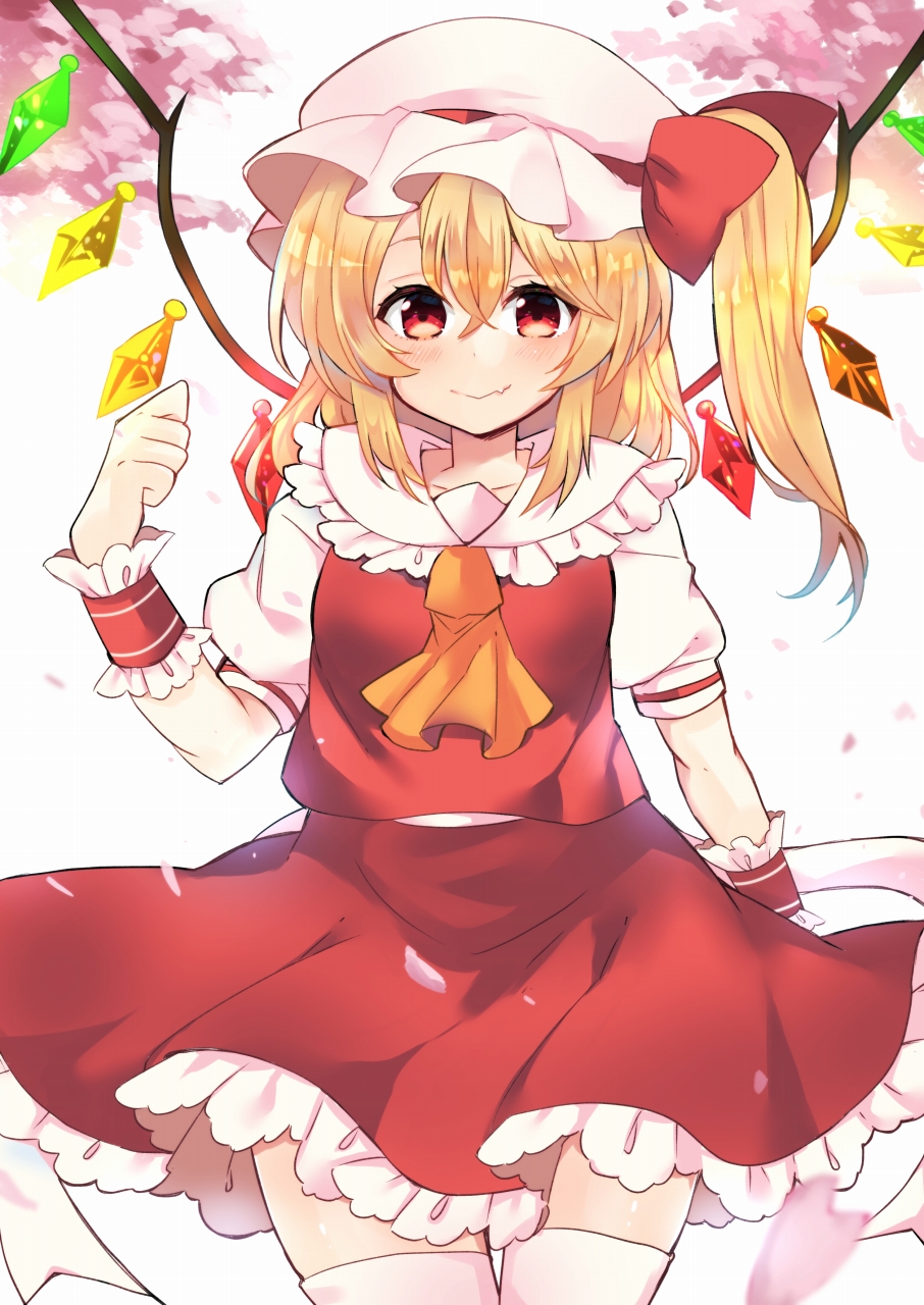 1girl :&gt; blonde_hair blush bow breasts cherry_blossoms closed_mouth collarbone commentary_request cowboy_shot crystal eyebrows_behind_hair fang flandre_scarlet frilled_shirt_collar frills hair_between_eyes hair_bow hand_up hat highres looking_at_viewer mame._(mame_mochi) medium_hair mob_cap one_side_up orange_neckwear outdoors petticoat puffy_short_sleeves puffy_sleeves red_bow red_eyes red_skirt red_vest short_sleeves simple_background skin_fang skirt small_breasts smile solo thigh-highs touhou vest white_background white_legwear wings wrist_cuffs