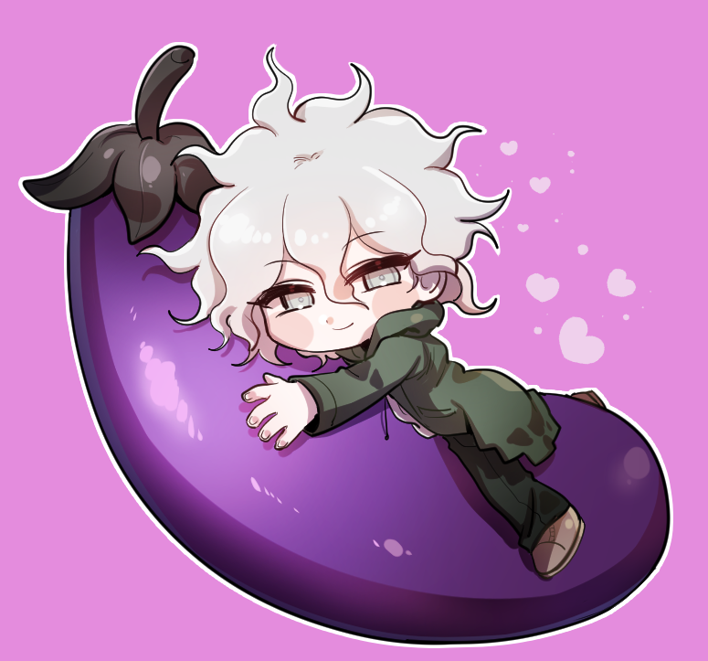 1boy bangs blush_stickers chibi commentary_request dangan_ronpa_(series) dangan_ronpa_2:_goodbye_despair eggplant full_body gwanlamcha heart hood hood_down komaeda_nagito long_sleeves looking_at_viewer lying male_focus messy_hair object_hug on_stomach outline pants pink_background shoes silver_hair simple_background smile solo white_hair white_outline