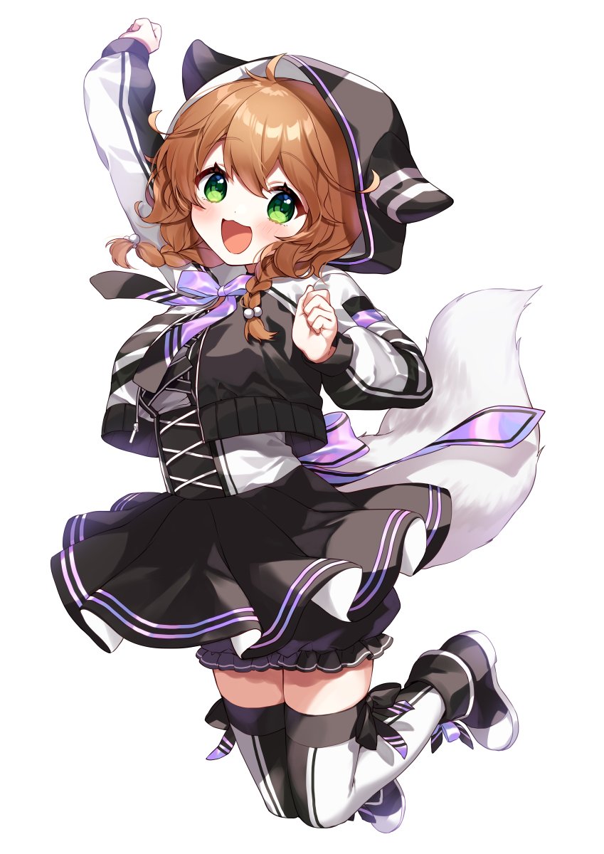 1girl :d ahoge animal_ears animal_hood arm_up bangs black_bloomers black_footwear black_jacket black_skirt bloomers blush boots bow braid brown_hair commentary_request eyebrows_visible_through_hair fake_animal_ears full_body green_eyes hair_between_eyes hair_bobbles hair_ornament highres hood hood_up hooded_jacket jacket long_hair long_sleeves looking_at_viewer nijisanji open_mouth pleated_skirt puffy_long_sleeves puffy_sleeves purple_bow shirt simple_background skirt smile solo tail thigh-highs thighhighs_under_boots twin_braids underwear virtual_youtuber warabeda_meijii white_background white_legwear white_shirt yamabukiiro