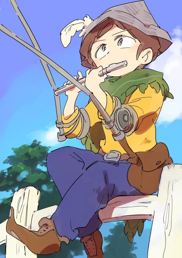 1boy be_(ronironibebe) brown_eyes brown_hair cape crutch hat instrument jimmy_valmer lute_(instrument) music paper_hat playing_instrument short_hair sitting sitting_on_fence solo south_park south_park:_the_stick_of_truth