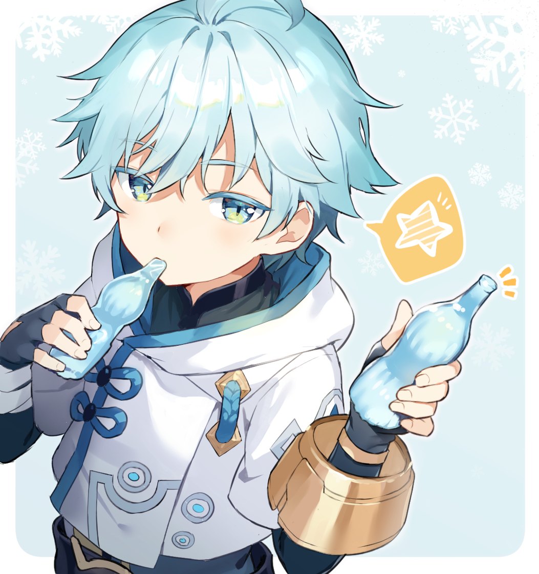 1boy ahoge bangs black_shirt blue_background border candy chongyun_(genshin_impact) commentary_request cropped_jacket food food_in_mouth genshin_impact giving green_eyes holding holding_candy holding_food hood hooded_jacket jacket konmamion light_blue_hair looking_at_viewer male_focus shirt short_hair simple_background snowflake_background solo spoken_star star_(symbol) upper_body white_jacket