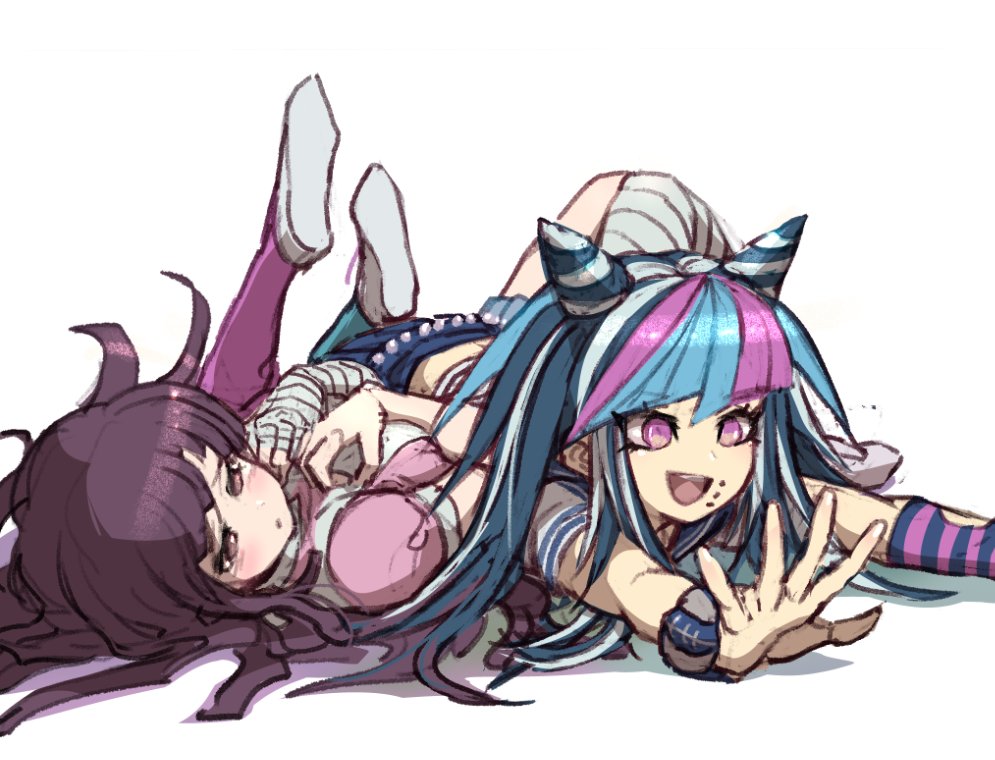 :d :o bandaged_arm bandages bangs black_hair blue_hair blue_skirt blush dangan_ronpa_(series) dangan_ronpa_2:_goodbye_despair eyebrows_visible_through_hair feet_up hair_horns knees_up long_hair lying mioda_ibuki multicolored_hair multiple_girls nurse on_person on_stomach open_mouth outstretched_arms piercing pink_eyes pink_hair pink_shirt purple_hair shirt simple_background skirt smile tsumiki_mikan upper_teeth violet_eyes white_background white_hair white_shirt youko-shima