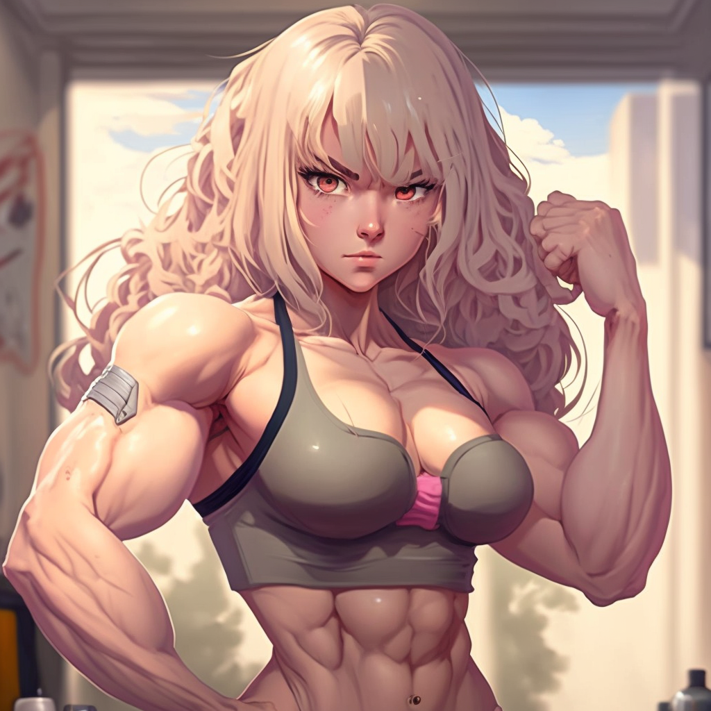 abs artist_request biceps blonde_hair breasts cleavage_cutout clothing_cutout collarbone curly_hair deltoids forearms grey_sports_bra large_breasts looking_at_viewer muscular muscular_female original oversized_forearms oversized_limbs pale_skin pimple sports_bra v-shaped_eyebrows