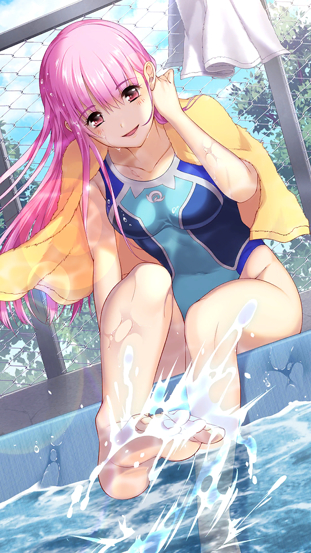 1girl :d bangs barefoot blue_swimsuit breasts collarbone competition_swimsuit covered_navel doukyuusei eyebrows_visible_through_hair floating_hair game_cg hair_between_eyes highleg highleg_swimsuit leaning_forward long_hair looking_at_viewer medium_breasts official_art one-piece_swimsuit open_mouth pink_hair poolside red_eyes sakuragi_mai shiny shiny_hair sitting smile soles solo splashing swimsuit towel towel_around_neck very_long_hair wet wet_hair yellow_towel