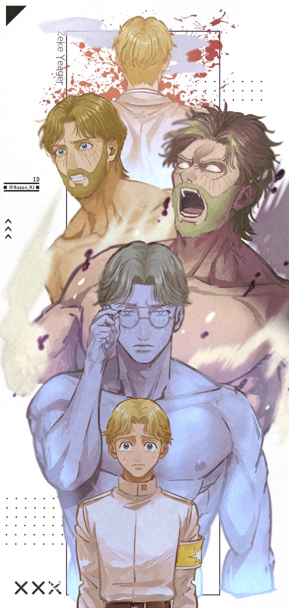 1boy adjusting_eyewear age_progression back beard blonde_hair blood blood_splatter child collarbone completely_nude crying crying_with_eyes_open facial_hair glasses hand_up highres looking_at_viewer male_focus mappo_m2 muscular muscular_male nipples no_pupils nude paradis_military_uniform pectorals round_eyewear shingeki_no_kyojin short_hair spoilers tears upper_body wind younger