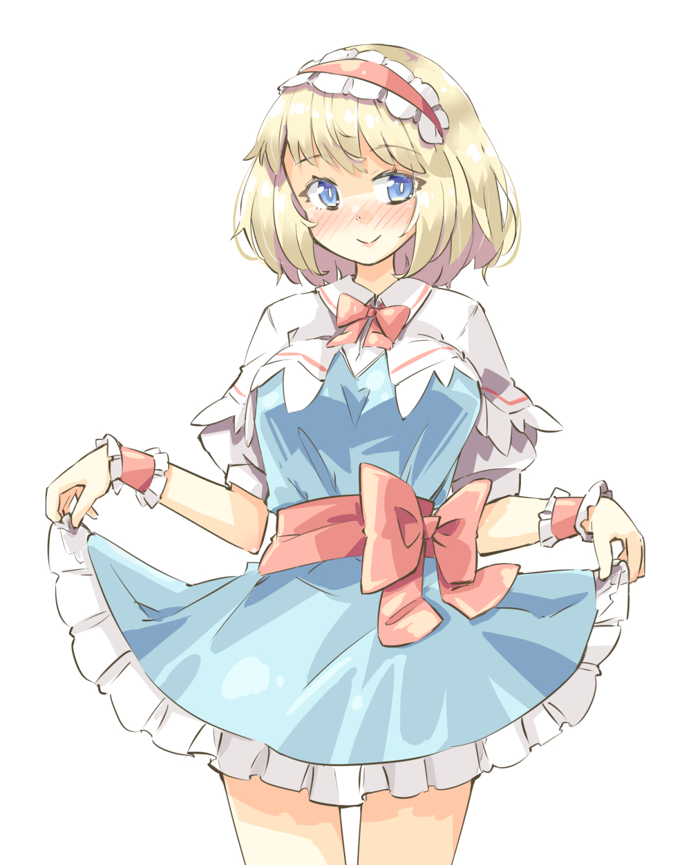 1girl alice_margatroid arnest bangs blonde_hair blue_dress blue_eyes blush bow bowtie capelet collared_shirt dress eyebrows_visible_through_hair frilled_dress frills hairband highres lolita_hairband looking_at_viewer nose_blush puffy_short_sleeves puffy_sleeves red_bow red_neckwear red_sash sash shirt short_dress short_hair short_sleeves skirt_hold smile thighs touhou white_background white_capelet white_shirt wristband