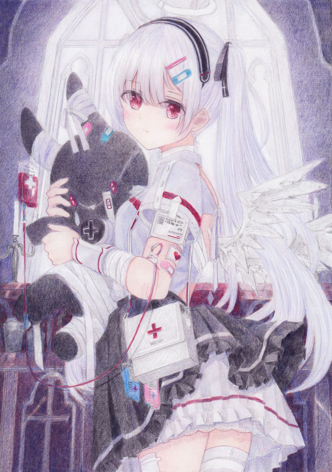 1girl angel_wings bag bandages bandaid black_skirt blood blood_bag blush bobby_pin closed_mouth colored_pencil_(medium) darkkanan doll_hug eyebrows_visible_through_hair eyes_visible_through_hair first_aid_kit hair_ribbon hairband halo highres id_card indoors intravenous_drip long_hair looking_at_viewer name_tag nurse original pleated_skirt red_eyes ribbon shirt shoulder_bag skirt solo thighs traditional_media twintails white_hair white_shirt wind wind_lift wings