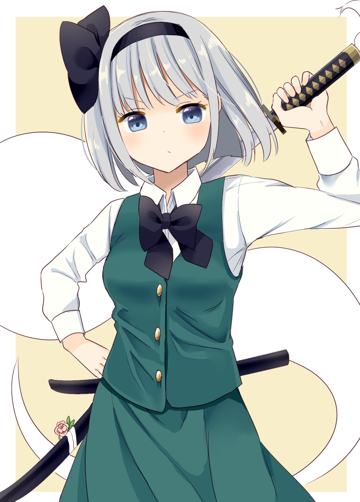 1girl :/ black_bow black_hairband black_neckwear blue_eyes bow bowtie breasts brown_background buttons closed_mouth commentary_request cowboy_shot green_skirt green_vest hair_bow hairband hand_on_hip hand_up highres katana konpaku_youmu konpaku_youmu_(ghost) looking_at_viewer medium_breasts serious sheath short_hair silver_hair simple_background skirt solo standing stigma1101 sword touhou unsheathing v-shaped_eyebrows vest weapon