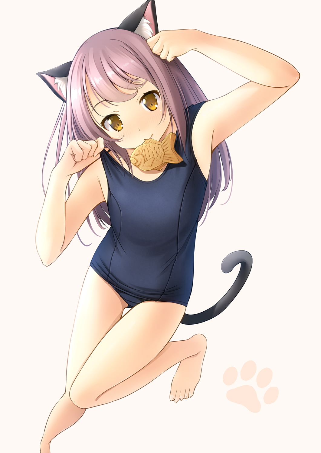 1girl animal_ear_fluff animal_ears arm_up ass_visible_through_thighs bangs bare_arms bare_shoulders barefoot black_swimsuit blush brown_background brown_eyes brown_hair cat_ears cat_girl cat_tail closed_mouth commentary_request eyebrows_visible_through_hair food food_in_mouth hand_up head_tilt highres lifted_by_self long_hair looking_at_viewer mouth_hold old_school_swimsuit one-piece_swimsuit original school_swimsuit shibacha simple_background smile solo standing standing_on_one_leg strap_lift swimsuit tail taiyaki thigh_gap very_long_hair wagashi