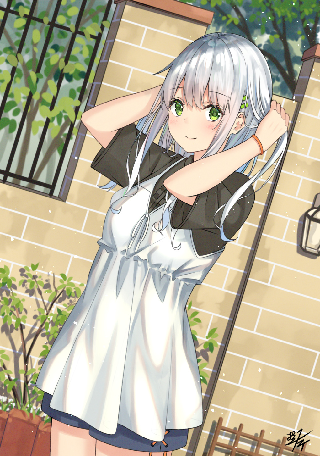 1girl adjusting_hair black_shirt blush camisole closed_mouth collared_shirt denim denim_shorts dutch_angle green_eyes grey_hair hair_ornament hairclip hands_up highres long_hair miko_fly original outdoors plant shirt short_sleeves shorts smile solo standing tree wall white_camisole white_hair