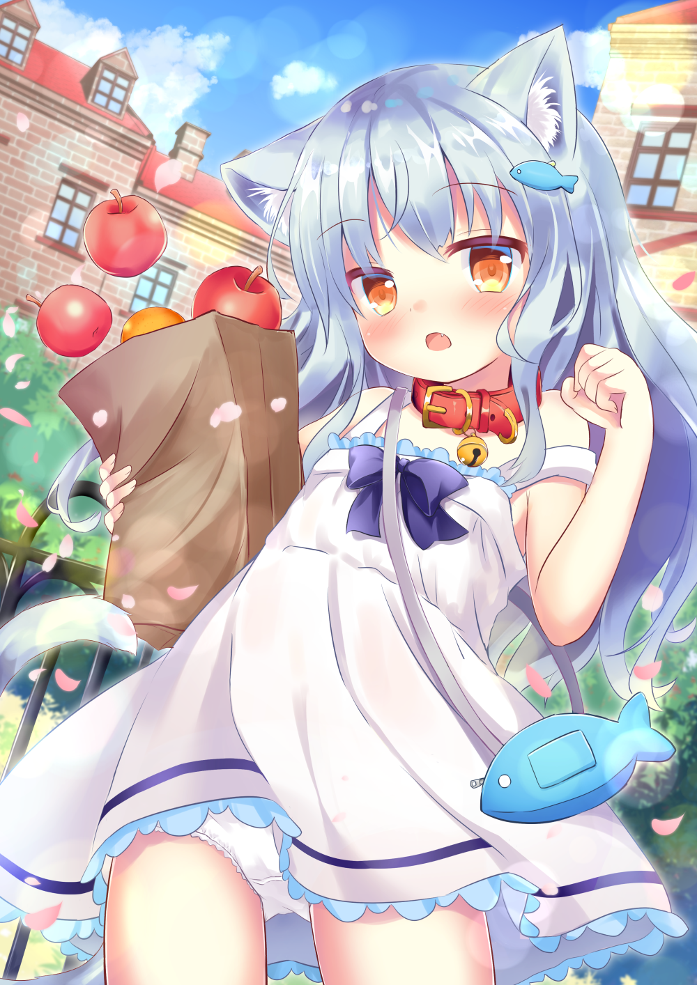 1girl :o animal_collar animal_ear_fluff animal_ears apple bag bell blue_hair blue_sky bow building cat_ears cat_tail collar dress fang fence flat_chest food fruit highres jingle_bell long_hair moe2020 neck_bell orange_(food) orange_eyes original panties pantyshot paper_bag petals sky sleeveless sleeveless_dress strap_slip tail umi_suzume underwear white_panties