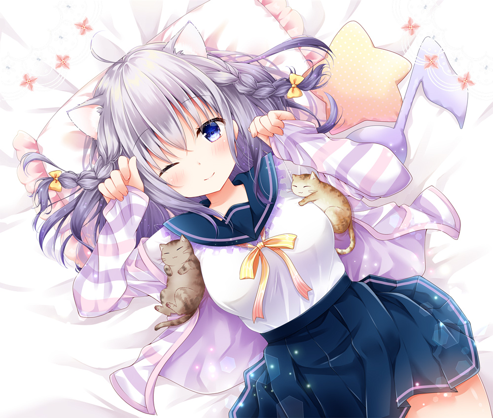 1girl ;) animal animal_ear_fluff animal_ears arm_up bangs bed_sheet blue_eyes blue_sailor_collar blue_skirt blush bow braid breasts cat cat_ears closed_mouth commentary_request eighth_note eyebrows_visible_through_hair frilled_pillow frills grey_hair hair_between_eyes hair_bow hand_up heart heart_pillow jacket long_hair long_sleeves lying medium_breasts murasaki_(murasakiiro_no_yoru) musical_note off_shoulder on_back one_eye_closed open_clothes open_jacket original pillow pinching_sleeves pleated_skirt sailor_collar shirt skirt sleeves_past_wrists smile solo striped_jacket white_shirt yellow_bow