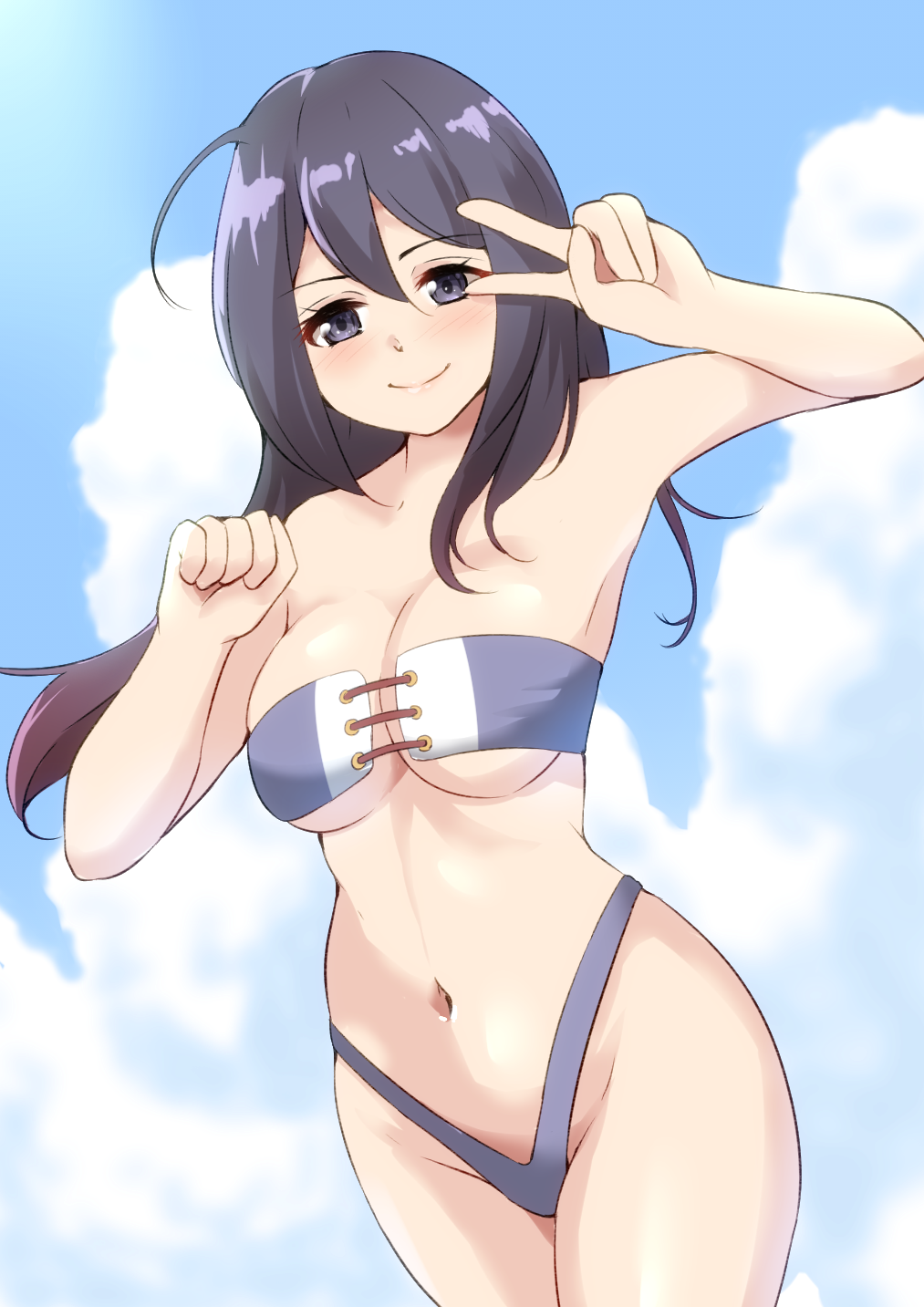 1girl ariake_(kancolle) bikini black_eyes black_hair blue_sky breasts clouds commentary_request cowboy_shot highres kamikitayotsuba kantai_collection large_breasts long_hair looking_at_viewer navel purple_bikini sky solo swimsuit v_over_eye