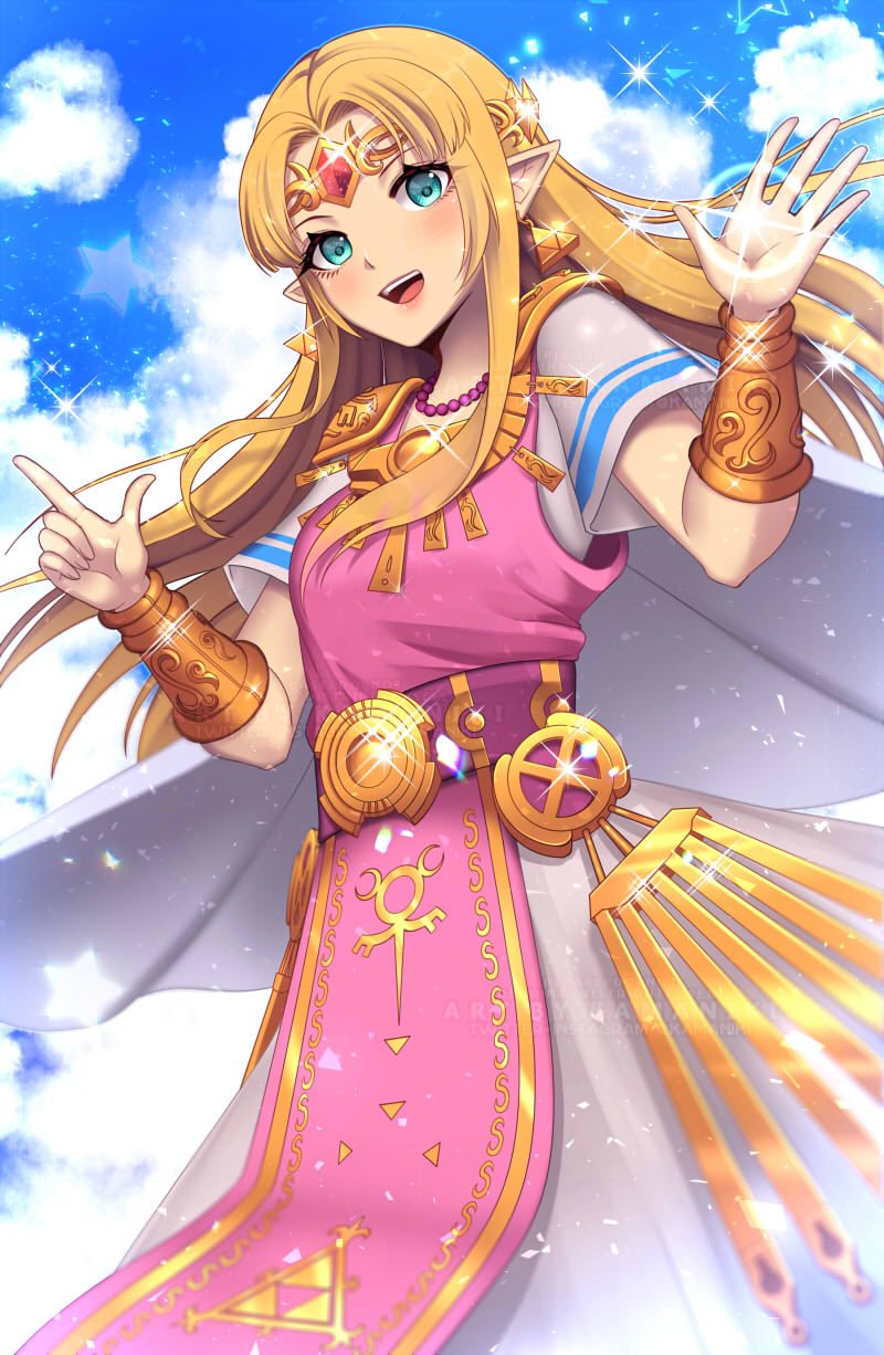 1girl arm_guards bangs bead_necklace beads blonde_hair blush breasts circlet clouds cloudy_sky day dress earrings english_commentary gem gown green_eyes highres jewelry kamaniki light_particles long_hair looking_at_viewer necklace open_mouth outdoors pointy_ears princess_zelda sash short_sleeves shoulder_pads sky smile solo sparkle the_legend_of_zelda triforce