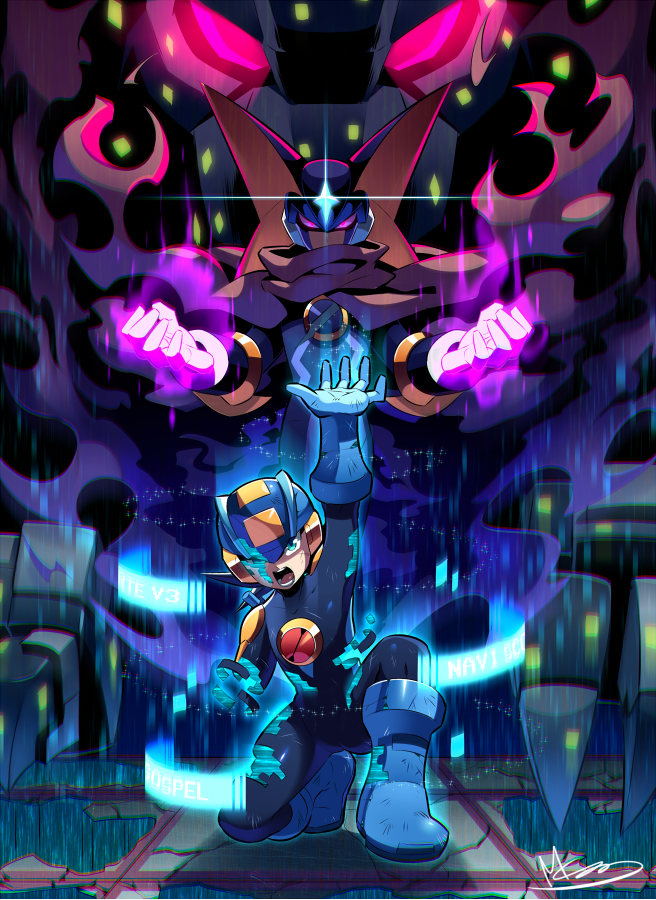 2boys arm_up artist_name aura bass.exe_(mega_man) blank_eyes blue_bodysuit blue_eyes blue_footwear blue_gloves bodysuit boots cape claws commentary_request diffraction_spikes digital_dissolve forehead_jewel gloves glowing glowing_eyes glowing_hands gospel_(mega_man) helmet looking_at_viewer male_focus mcnr mega_man_(series) mega_man_battle_network megaman.exe multiple_boys one_knee open_mouth outstretched_arm red_eyes scratches signature sparkle violet_eyes white_gloves