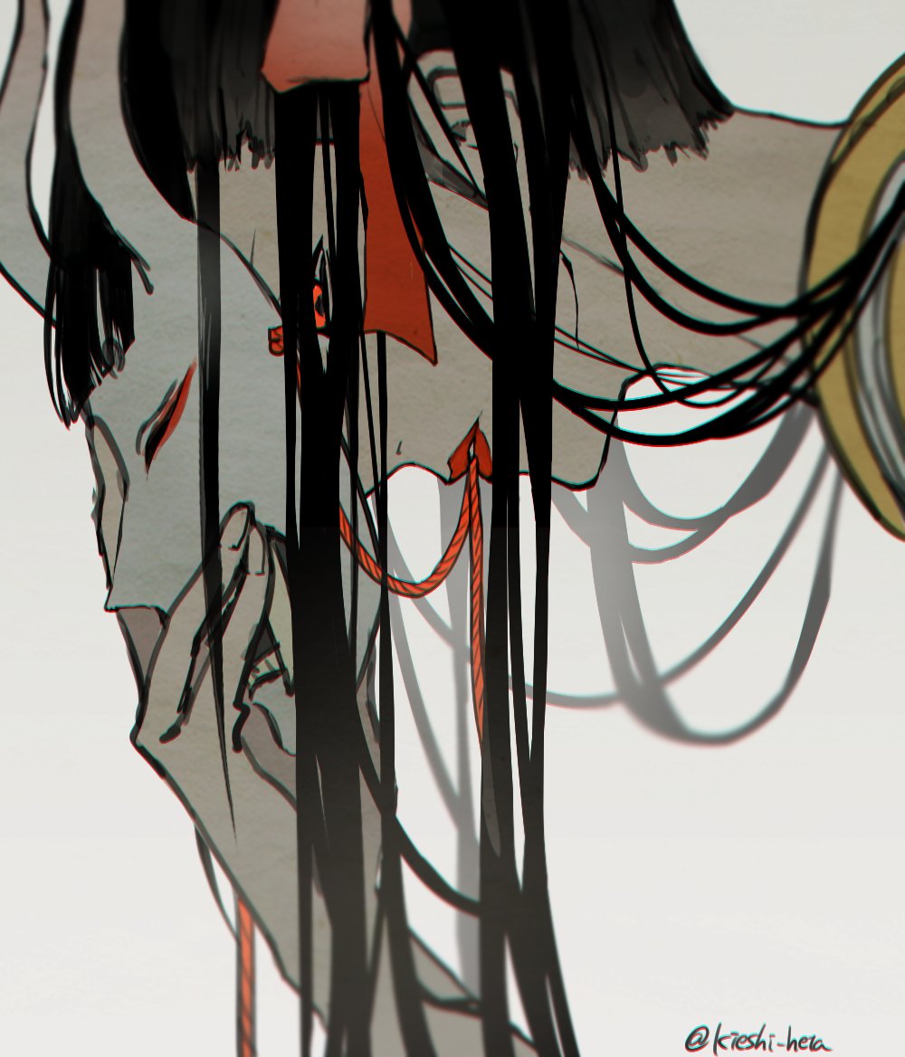 1girl bangs black_hair blurry depth_of_field hair_ribbon hannya kieshi_heta lipstick long_hair looking_at_viewer makeup mask noh_mask okiku_(one_piece) one_piece oni_mask red_eyes ribbon simple_background solo string transgender very_long_hair white_background yellow_robe