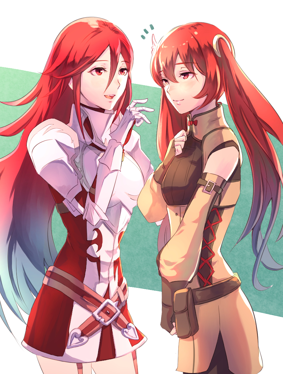 2girls armor bangs breastplate cordelia_(fire_emblem) detached_sleeves eyebrows_visible_through_hair fingerless_gloves fire_emblem fire_emblem_awakening garter_straps gauntlets gloves hair_between_eyes highres long_hair long_sleeves mother_and_daughter multiple_girls pauldrons red_eyes redhead riou_(pooh920) severa_(fire_emblem) shoulder_armor smile twintails very_long_hair