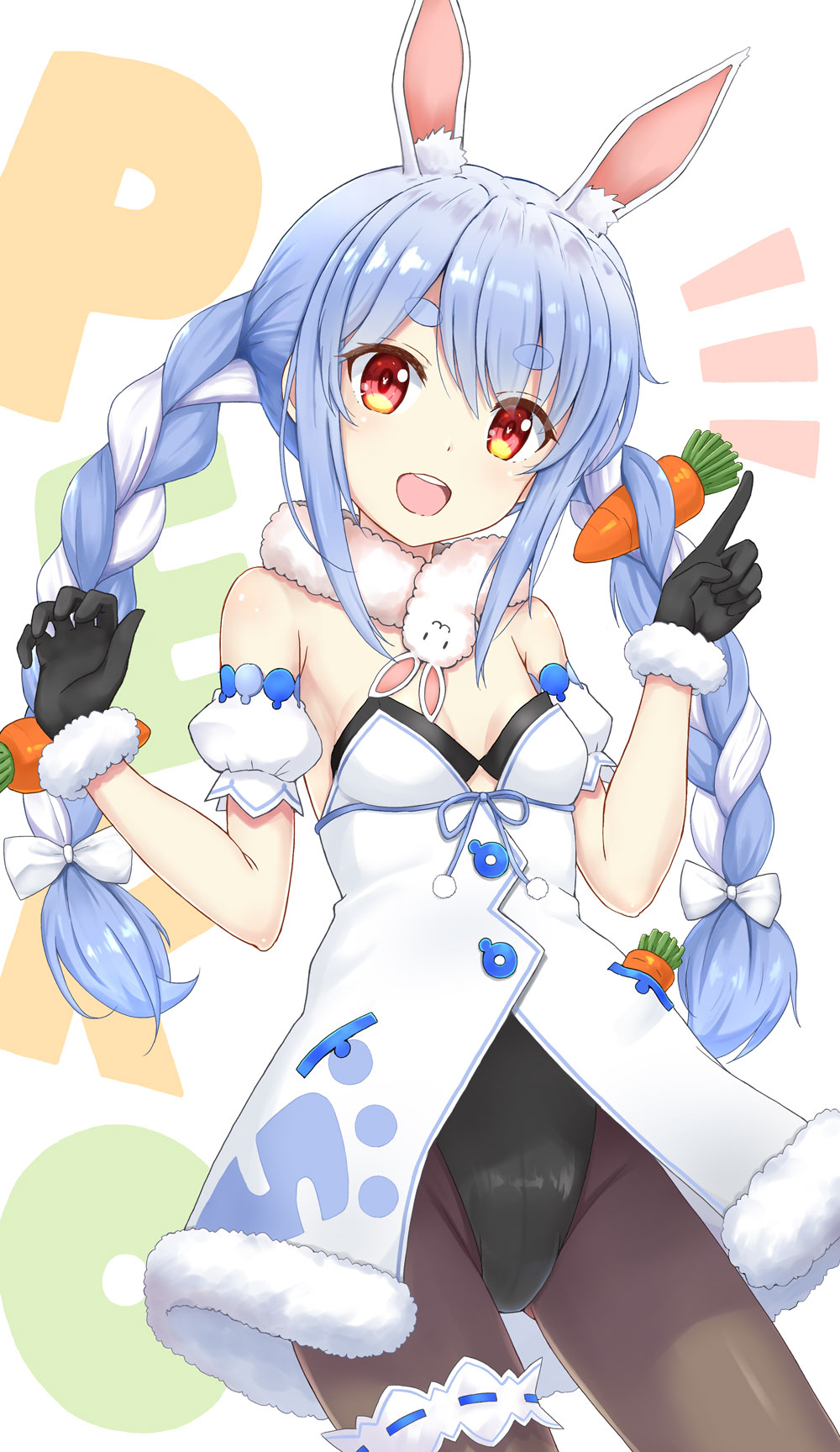 1girl :d animal_ear_fluff animal_ears bangs bare_shoulders black_gloves black_leotard blue_hair bow braid breasts brown_legwear carrot_hair_ornament catchphrase commentary_request detached_sleeves don-chan_(usada_pekora) dress eyebrows_visible_through_hair flipper food_themed_hair_ornament fur-trimmed_dress fur-trimmed_gloves fur_trim gloves hair_between_eyes hair_bow hair_ornament hands_up highres hololive index_finger_raised leotard long_hair looking_at_viewer multicolored_hair open_mouth pantyhose puffy_short_sleeves puffy_sleeves rabbit_ears red_eyes short_eyebrows short_sleeves sidelocks simple_background small_breasts smile strapless strapless_dress strapless_leotard thick_eyebrows twin_braids twintails two-tone_hair upper_teeth usada_pekora very_long_hair virtual_youtuber white_background white_bow white_dress white_hair white_sleeves
