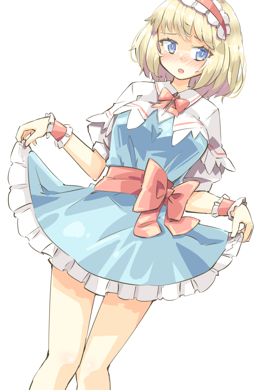 1girl alice_margatroid arnest bangs blonde_hair blue_dress blue_eyes blush bow bowtie capelet collared_shirt dress dutch_angle eyebrows_visible_through_hair frilled_dress frills hairband highres lolita_hairband looking_at_viewer nose_blush open_mouth puffy_short_sleeves puffy_sleeves red_bow red_neckwear red_sash sash shirt short_dress short_hair short_sleeves skirt_hold thighs touhou white_background white_capelet white_shirt wristband