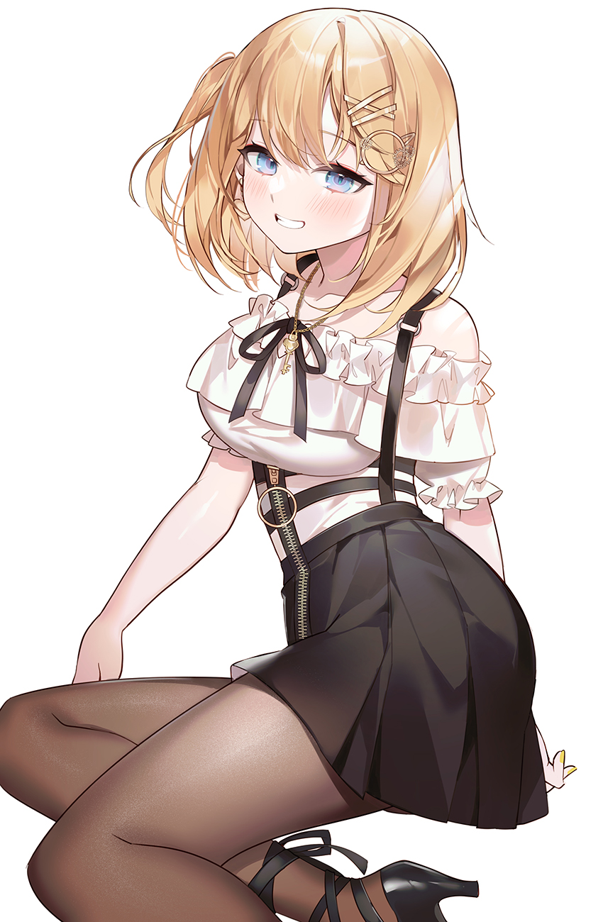 1girl bare_shoulders black_footwear black_ribbon black_skirt blonde_hair blue_eyes blush breasts brown_jacket brown_legwear collarbone commentary grin hair_ornament high_heels highres hololive hololive_english jacket key_necklace large_breasts looking_at_viewer machi_(7769) monocle_hair_ornament off-shoulder_shirt off_shoulder open_clothes open_jacket pantyhose plaid_jacket pleated_skirt ribbon sheer_legwear shirt sitting skirt smile solo suspender_skirt suspenders thigh-highs virtual_youtuber watson_amelia white_background white_shirt zipper_skirt