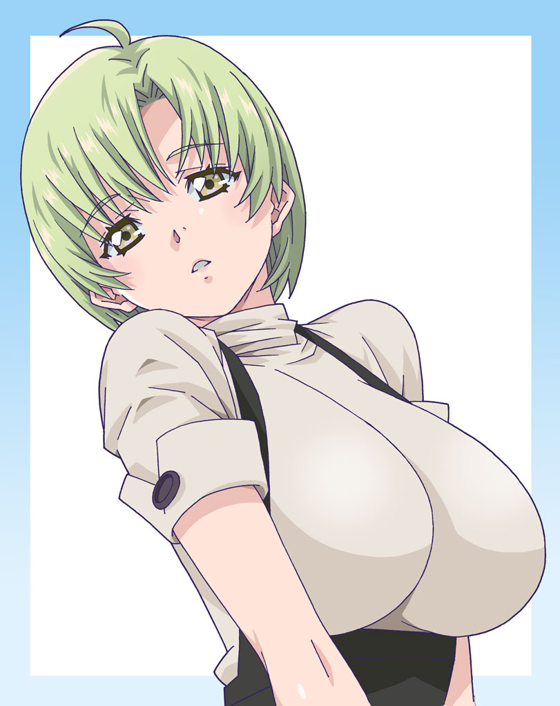 1girl ahoge amano_yo-ki breasts green_eyes green_hair impossible_clothes impossible_shirt large_breasts original parted_lips shirt short_hair solo suspenders turtleneck upper_body