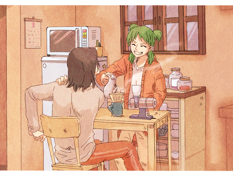 1boy 1girl ^_^ chair closed_eyes commentary_request cup green_hair grin indoors kitchen koiwai_yotsuba medium_hair microwave mr._koiwai older quad_tails refrigerator sitting smile standing table tea window yoshimoto_(yomada) yotsubato!