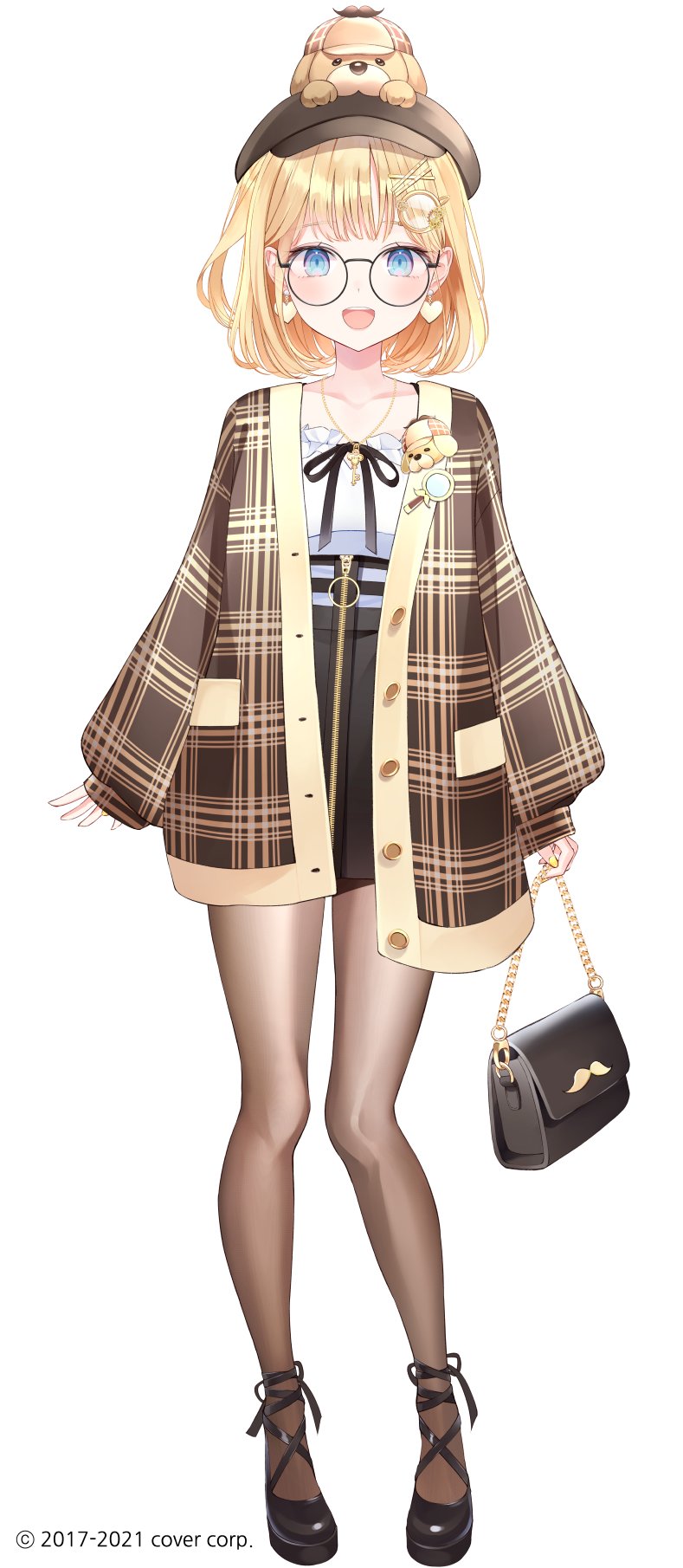 1girl :d animal_hat bag black_footwear black_ribbon black_skirt blonde_hair blouse blue_eyes breasts bubba_(watson_amelia) company_name dog_hat earrings frilled_shirt frills glasses gold_necklace hair_ornament handbag hat heart heart_earrings highres holding holding_bag hololive hololive_english jewelry large_breasts looking_at_viewer magnifying_glass monocle_hair_ornament nabi_(uz02) necklace official_alternate_costume official_art open_mouth pantyhose plaid_coat ribbon shirt simple_background skirt smile strappy_heels suspender_skirt suspenders watson_amelia white_background white_blouse zipper