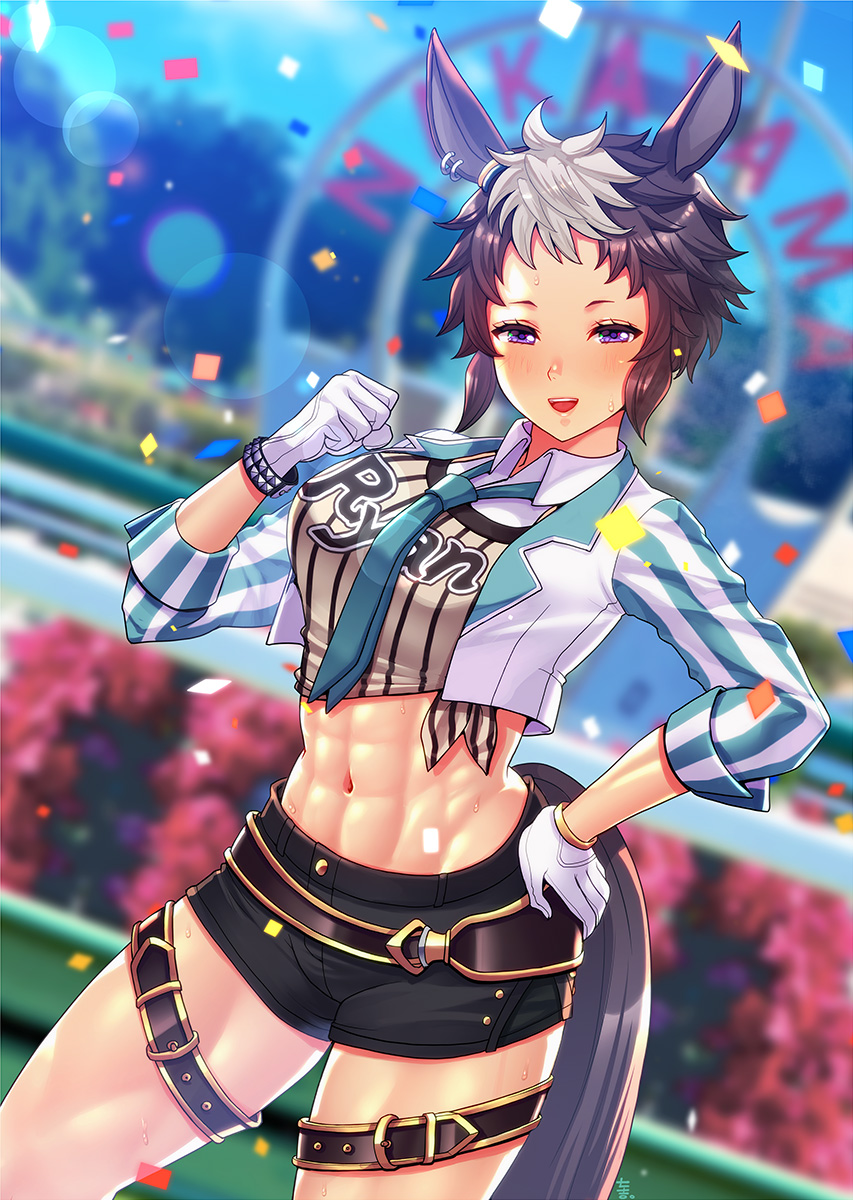 1girl abs animal_ears brown_hair crop_top cropped_jacket gloves hand_on_hip highres horse_ears horse_girl horse_tail mejiro_ryan_(umamusume) multicolored_hair nanakichi short_hair short_shorts shorts smile solo sweat tail tomboy toned two-tone_hair umamusume violet_eyes white_gloves white_hair