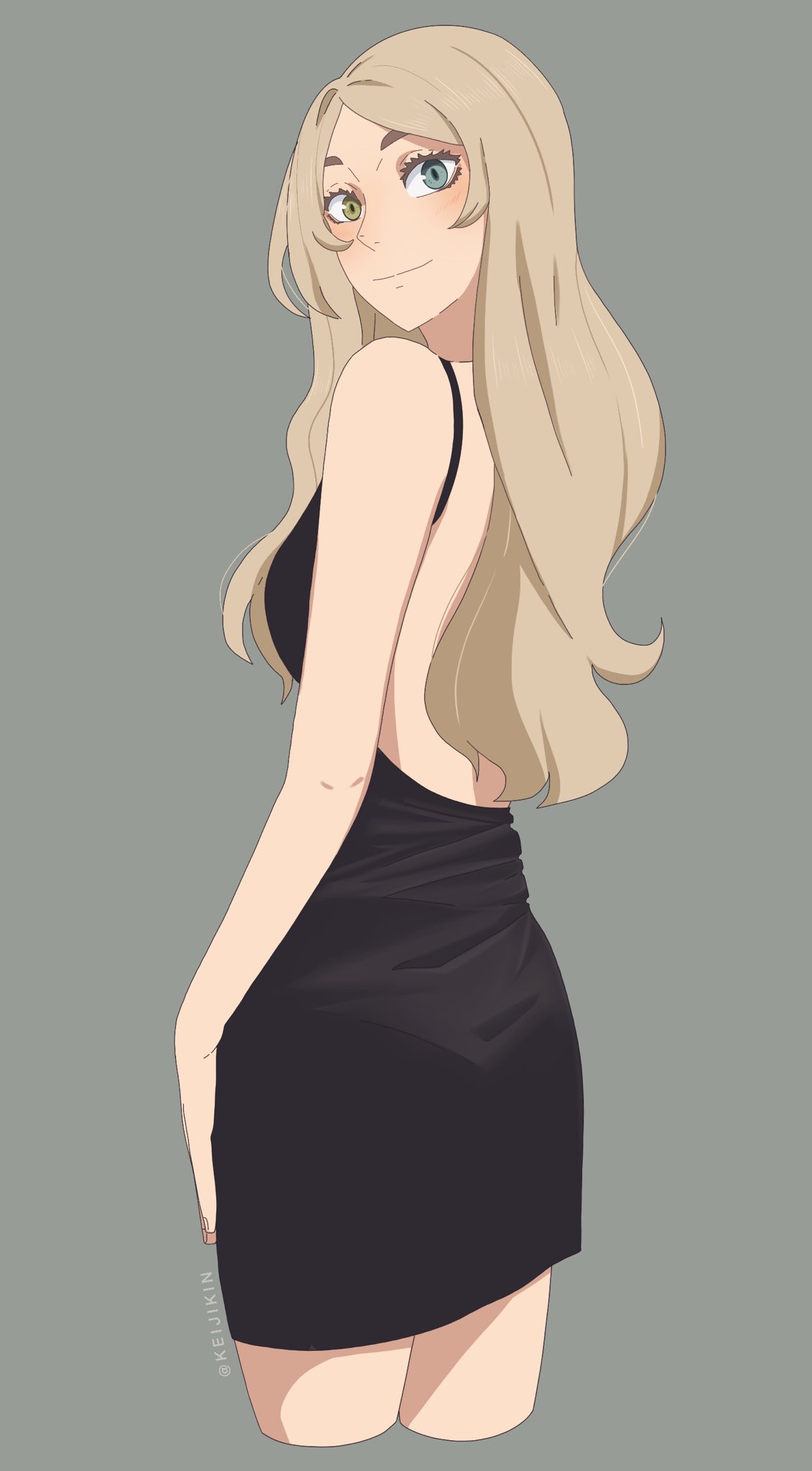 1girl back backless_dress backless_outfit bare_arms bare_back bare_shoulders black_dress blonde_hair blue_eyes blush breasts commentary cowboy_shot cropped_legs dress evening_gown eyebrows eyelashes green_eyes haiba_arisa haikyuu!! heterochromia highres keijikin long_hair looking_at_viewer looking_back medium_breasts photo-referenced short_dress simple_background sleeveless sleeveless_dress smile solo spaghetti_strap thighs twitter_username