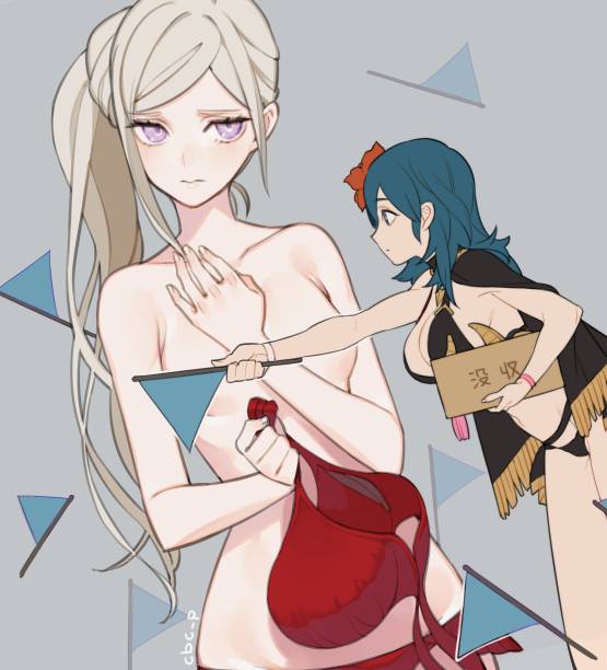 2girls bikini bikini_aside breasts byleth_(fire_emblem) byleth_eisner_(female) cbc_p closed_mouth convenient_censoring edelgard_von_hresvelg fire_emblem fire_emblem:_three_houses flag hair_ornament long_hair looking_at_viewer multiple_girls navel side_ponytail simple_background swimsuit white_hair yuri