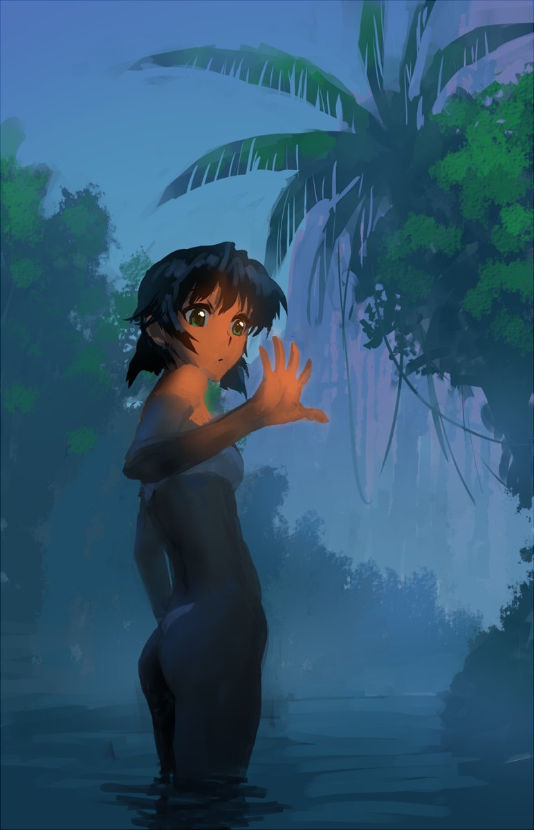 1girl ass breasts dark_skin dark-skinned_female fushigi_no_umi_no_nadia green_eyes highres looking_at_viewer maebari nadeara_bukichi nadia purple_hair short_hair solo strapless tree tubetop water