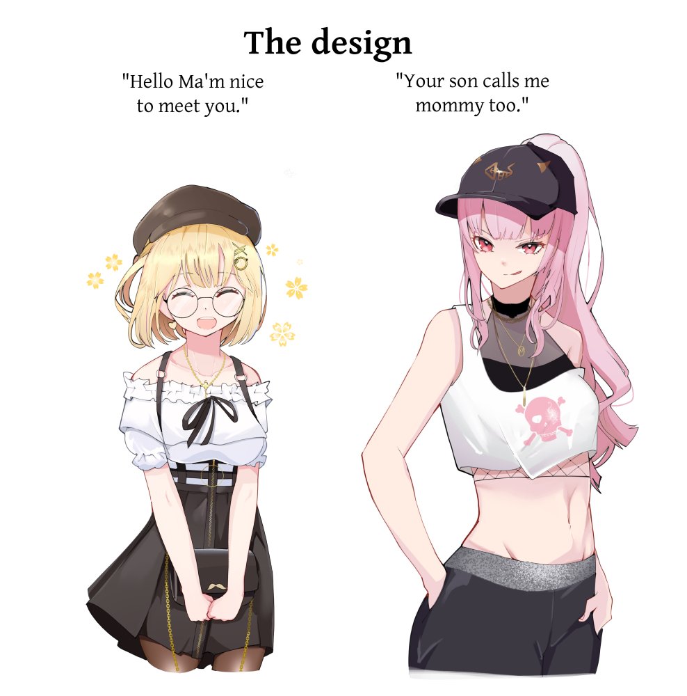 2girls ^_^ bangs baseball_cap black_headwear black_pants black_skirt blonde_hair breasts brown_headwear closed_eyes collarbone crop_top earrings english_text expectations/reality glasses hair_ornament hands_in_pockets hat heart heart_earrings hololive hololive_english jewelry kitanxjk medium_breasts meme monocle_hair_ornament mori_calliope multiple_girls navel necklace off_shoulder official_alternate_costume pants pink_eyes pink_hair ponytail round_eyewear shirt skirt smile smirk virtual_youtuber watson_amelia white_background white_shirt