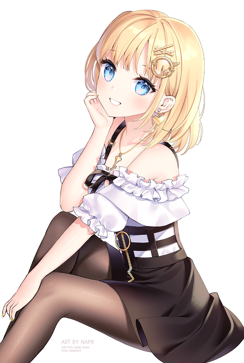 1girl artist_name bangs bare_shoulders black_skirt blonde_hair blue_eyes brown_legwear earrings eyebrows_visible_through_hair feet_out_of_frame hair_ornament hairclip hand_up heart heart_earrings highres hololive hololive_english jewelry knee_up looking_at_viewer nami_(nyaa) o-ring off-shoulder_shirt off_shoulder pantyhose pixiv_username pleated_skirt puffy_short_sleeves puffy_sleeves shirt short_sleeves simple_background sitting skirt smile solo suspender_skirt suspenders twitter_username virtual_youtuber watson_amelia white_background white_shirt