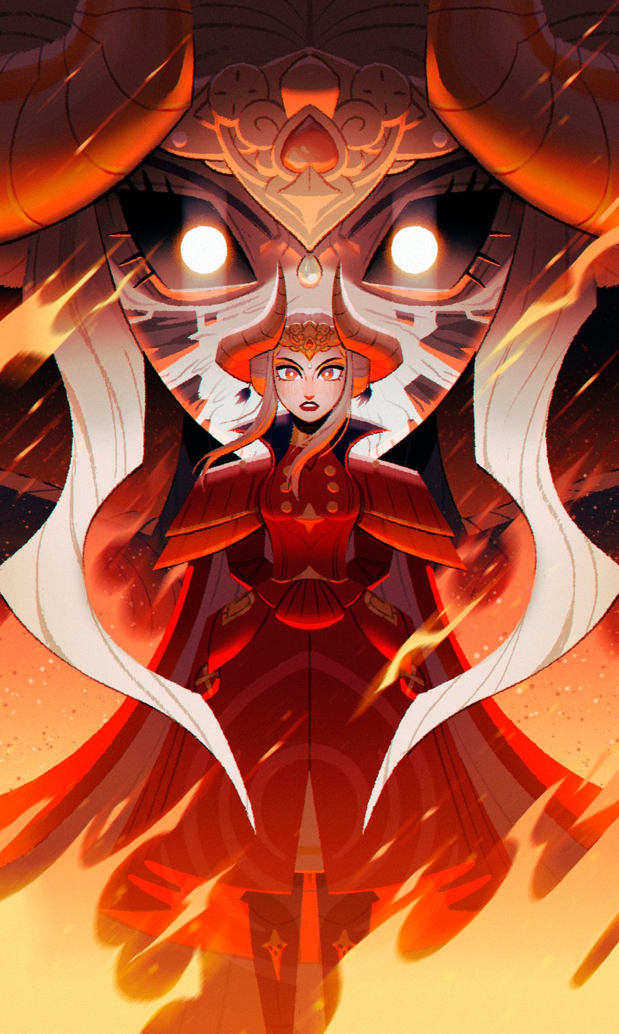 1girl armor artist_request blush cape closed_mouth edelgard_von_hresvelg fire fire_emblem fire_emblem:_three_houses gloves hair_ornament hair_ribbon hegemon_edelgard highres horns long_hair long_sleeves looking_at_viewer red_cape ribbon simple_background smile solo uniform violet_eyes white_hair