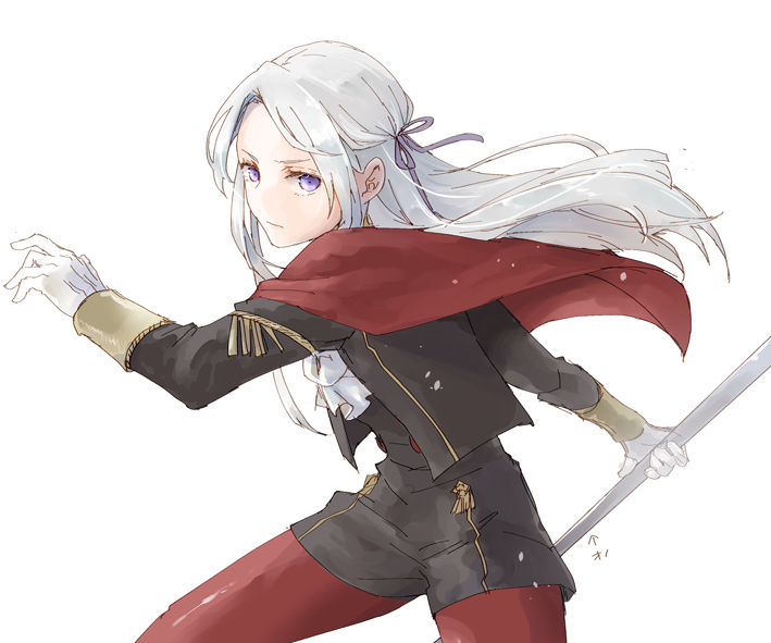 1girl axe cape closed_mouth edelgard_von_hresvelg fire_emblem fire_emblem:_three_houses fire_emblem_heroes garreg_mach_monastery_uniform gloves hair_ornament hair_ribbon long_hair long_sleeves looking_at_viewer pantyhose red_cape ribbon robaco simple_background solo uniform violet_eyes white_hair