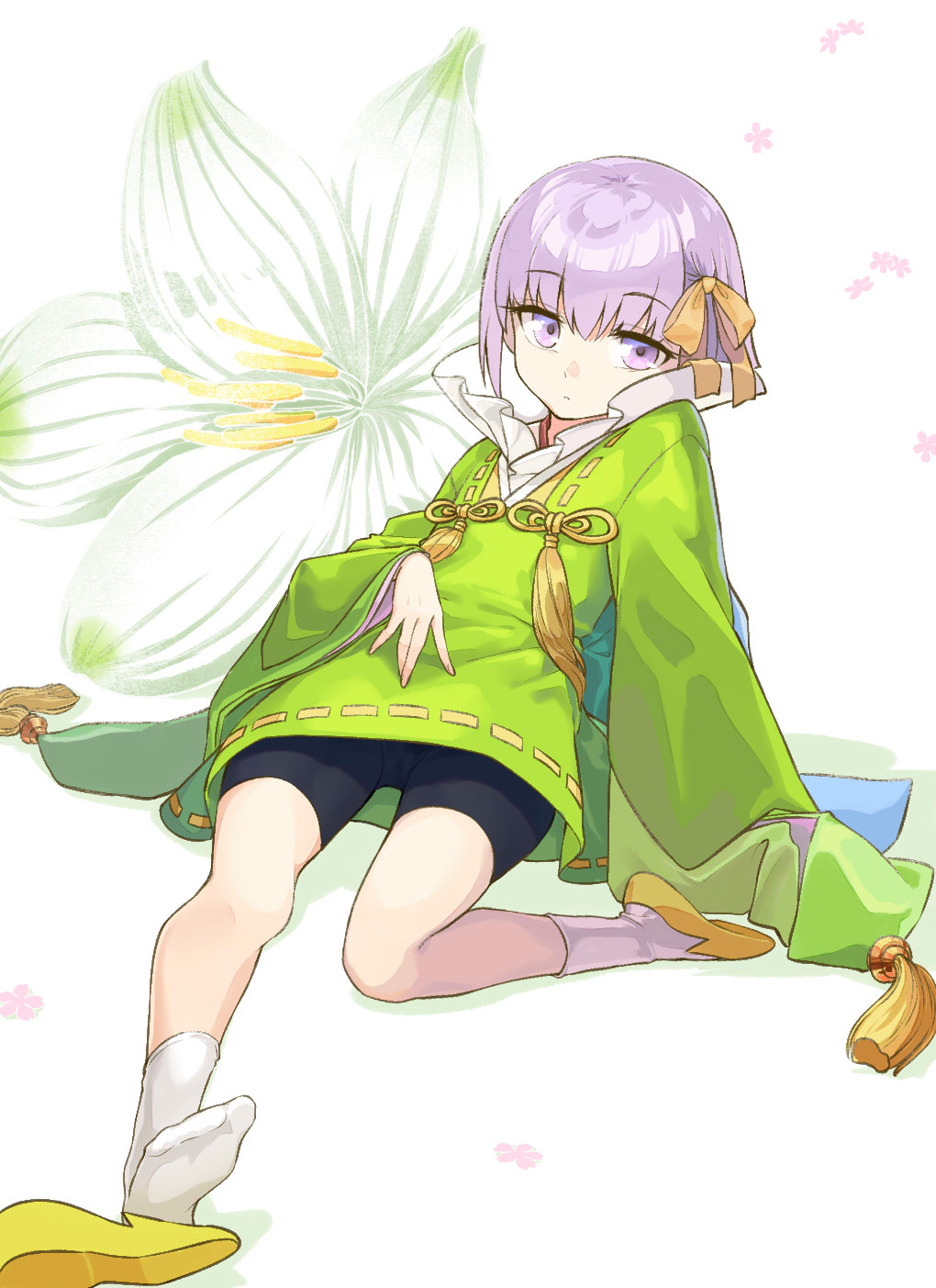 1girl bangs black_shorts coffeekite fate/extra fate/extra_ccc fate/extra_ccc_fox_tail fate_(series) flower green_kimono hair_ribbon highres japanese_clothes kazuradrop_(fate) kimono long_sleeves looking_at_viewer purple_hair ribbon short_hair short_kimono shorts sitting socks tassel violet_eyes wide_sleeves yellow_ribbon