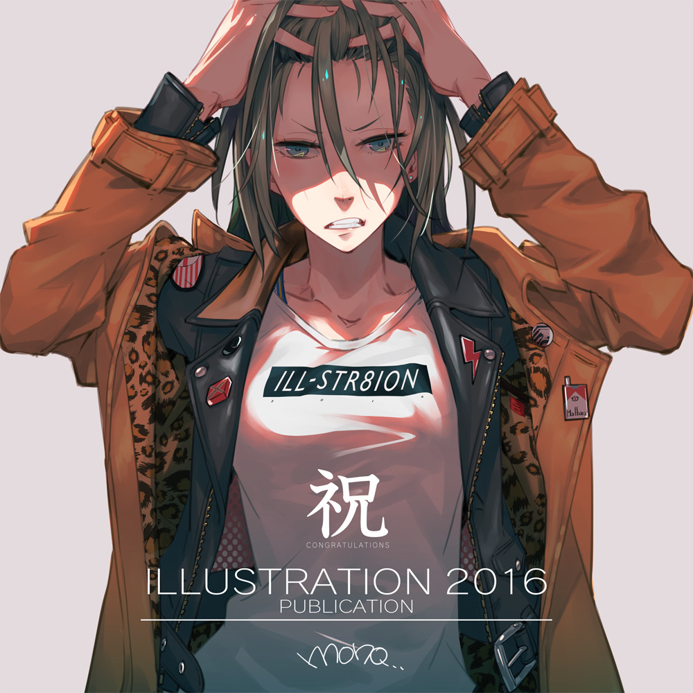 1girl 2016 aqua_eyes arms_up grey_background grey_hair hands_on_own_head illustration.media jacket long_hair monq original parted_lips print_shirt shadow shirt signature simple_background solo upper_body white_shirt yellow_jacket