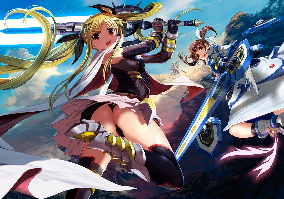 3girls ankle_wings ass bangs bardiche belt beret black_gloves black_legwear black_wings blonde_hair book boots breasts brown_eyes brown_hair cape clouds detached_sleeves energy_sword eyebrows_visible_through_hair fate_testarossa fingerless_gloves floating gauntlets gloves hair_ribbon hat juliet_sleeves long_hair long_sleeves looking_back lyrical_nanoha magical_girl mahou_shoujo_lyrical_nanoha mahou_shoujo_lyrical_nanoha_reflection mikazuki_akira! multiple_girls multiple_wings open_mouth parted_bangs puffy_sleeves ribbon schwertkreuz short_hair short_twintails skirt sky small_breasts staff strike_cannon sword takamachi_nanoha thigh-highs tome_of_the_night_sky twintails very_long_hair weapon white_cape white_skirt wings yagami_hayate
