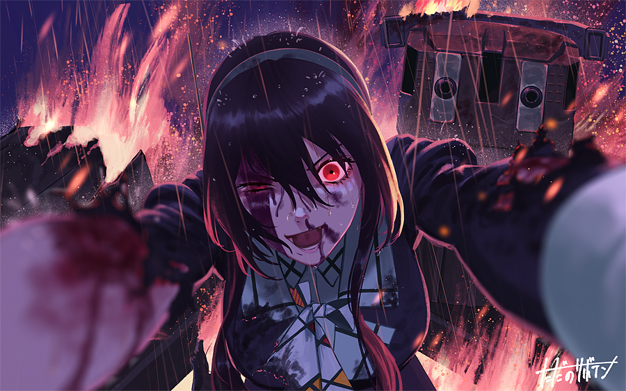 1girl ashigara_(kancolle) ashigara_kai_ni_(kancolle) blood blood_on_face brown_hair cannon fire hairband kantai_collection long_hair long_sleeves military military_uniform red_eyes rigging solo torn_clothes turret uniform white_hairband yue_(tada_no_saboten)