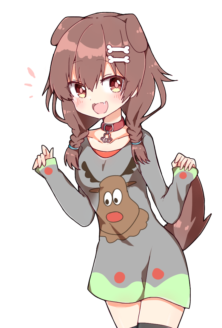 1girl :3 :d \||/ alternate_costume animal_collar animal_ears bangs black_legwear blush bracelet braid brown_eyes brown_hair christmas collar cowboy_shot dog_ears dog_girl dog_tail dress fang hair_between_eyes hololive inugami_korone jewelry long_hair looking_at_viewer low_twin_braids open_mouth rabiiandrain red_collar simple_background skin_fang sleeve_hold smile solo sweater sweater_dress symbol_commentary tail thigh-highs twin_braids virtual_youtuber w_arms white_background zettai_ryouiki