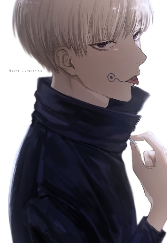 1boy black_jacket brown_eyes facial_tattoo hand_up high_collar inumaki_toge jacket jujutsu_kaisen long_sleeves looking_at_viewer male_focus open_mouth short_hair simple_background sira_julyspring solo tattoo tongue tongue_out tongue_tattoo twitter_username unzipping upper_body white_background white_hair zipper