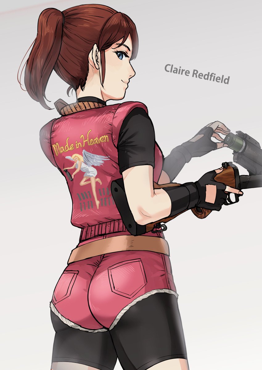 1girl ass bike_shorts blue_eyes breasts brown_hair claire_redfield closed_mouth denim fingerless_gloves gloves gun highres jacket looking_at_viewer medium_hair ponytail resident_evil resident_evil_2 shorts simple_background smile solo tsurui weapon