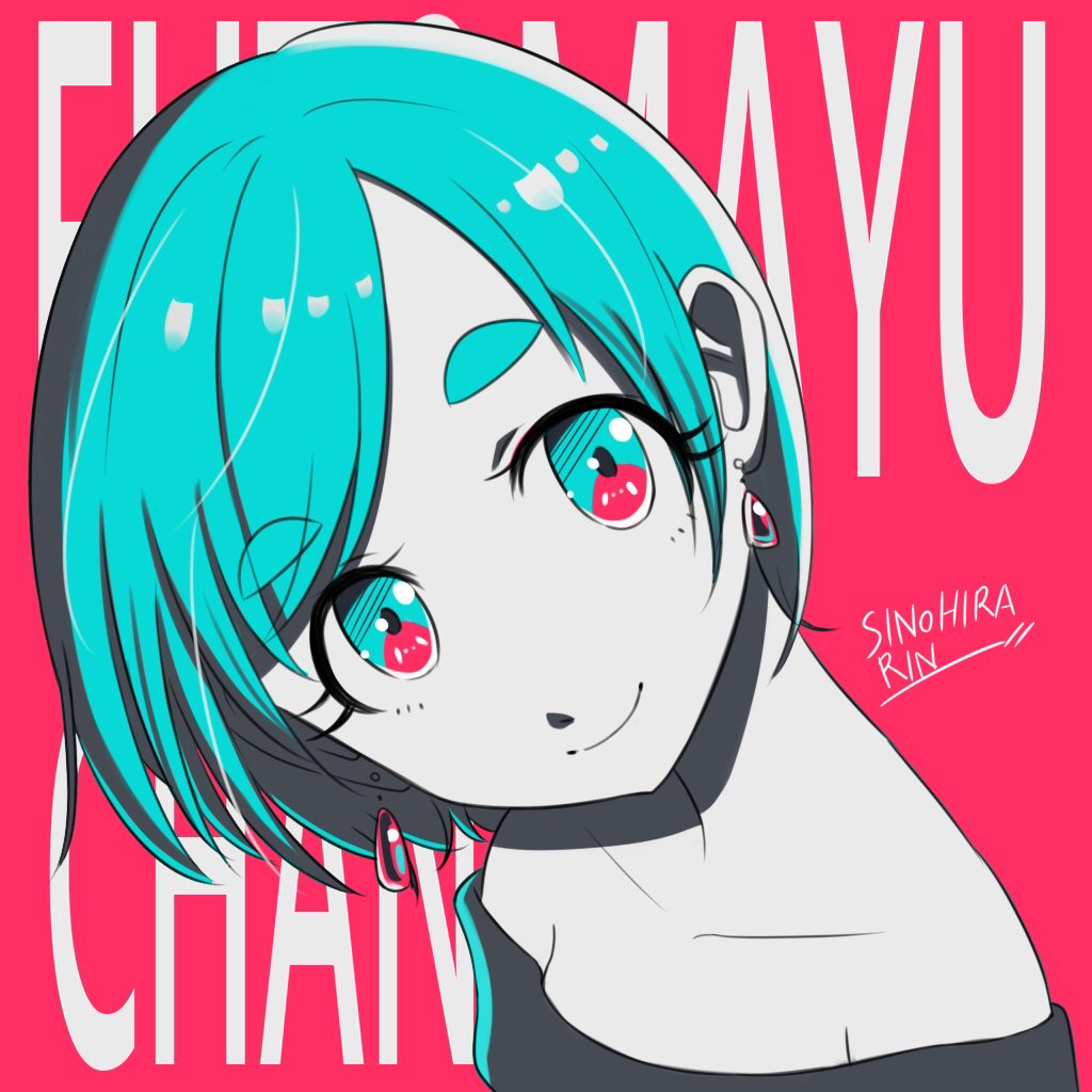 1girl aqua_eyes aqua_hair bare_shoulders character_name earrings eyebrows_visible_through_hair futomayu-chan_(sinohira_rin) jewelry limited_palette multicolored multicolored_eyes original portrait red_background red_eyes shadow short_hair signature sinohira_rin smile solo