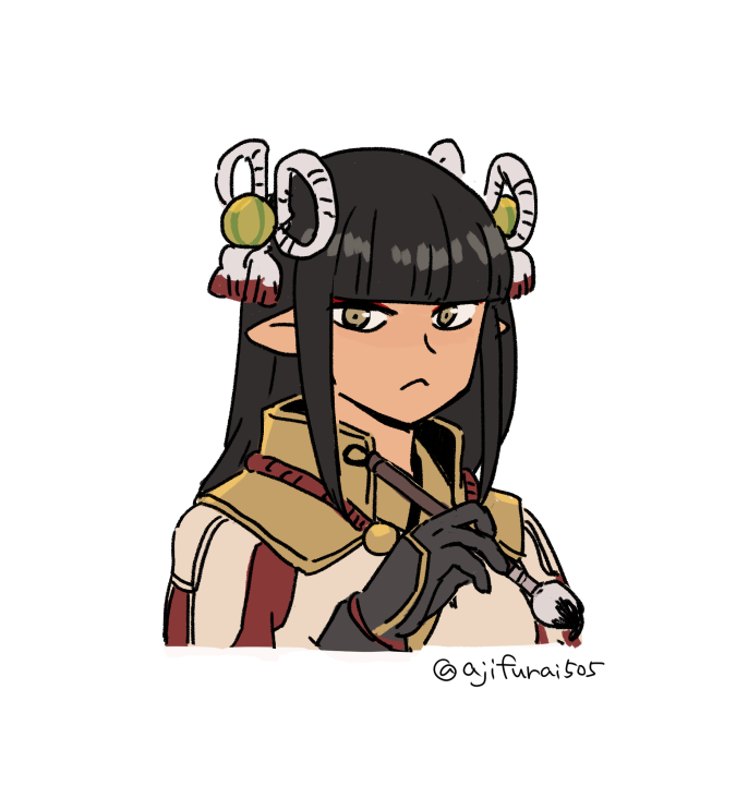 1girl :&lt; asaya_minoru bangs black_gloves black_hair blunt_bangs brown_eyes closed_mouth cropped_torso gloves hair_ornament hand_up holding holding_paintbrush long_hair looking_at_viewer minoto monster_hunter_(series) monster_hunter_rise paintbrush pointy_ears simple_background solo twitter_username upper_body white_background