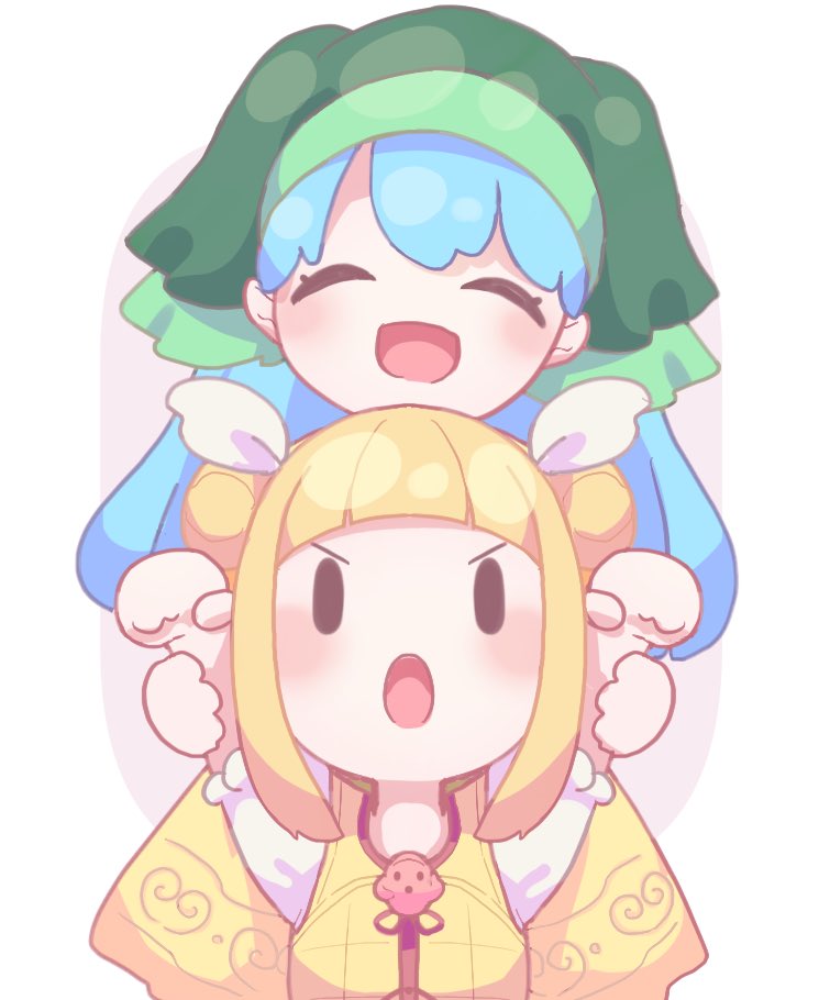 2girls :o \o/ ^_^ armor arms_up bangs blonde_hair blue_hair blunt_bangs blush chibi closed_eyes commentary_request double_bun green_headwear hair_scarf haniwa_(statue) haniyasushin_keiki happy joutouguu_mayumi long_hair multiple_girls open_mouth outstretched_arms rishita short_hair simple_background touhou upper_body v-shaped_eyebrows white_background