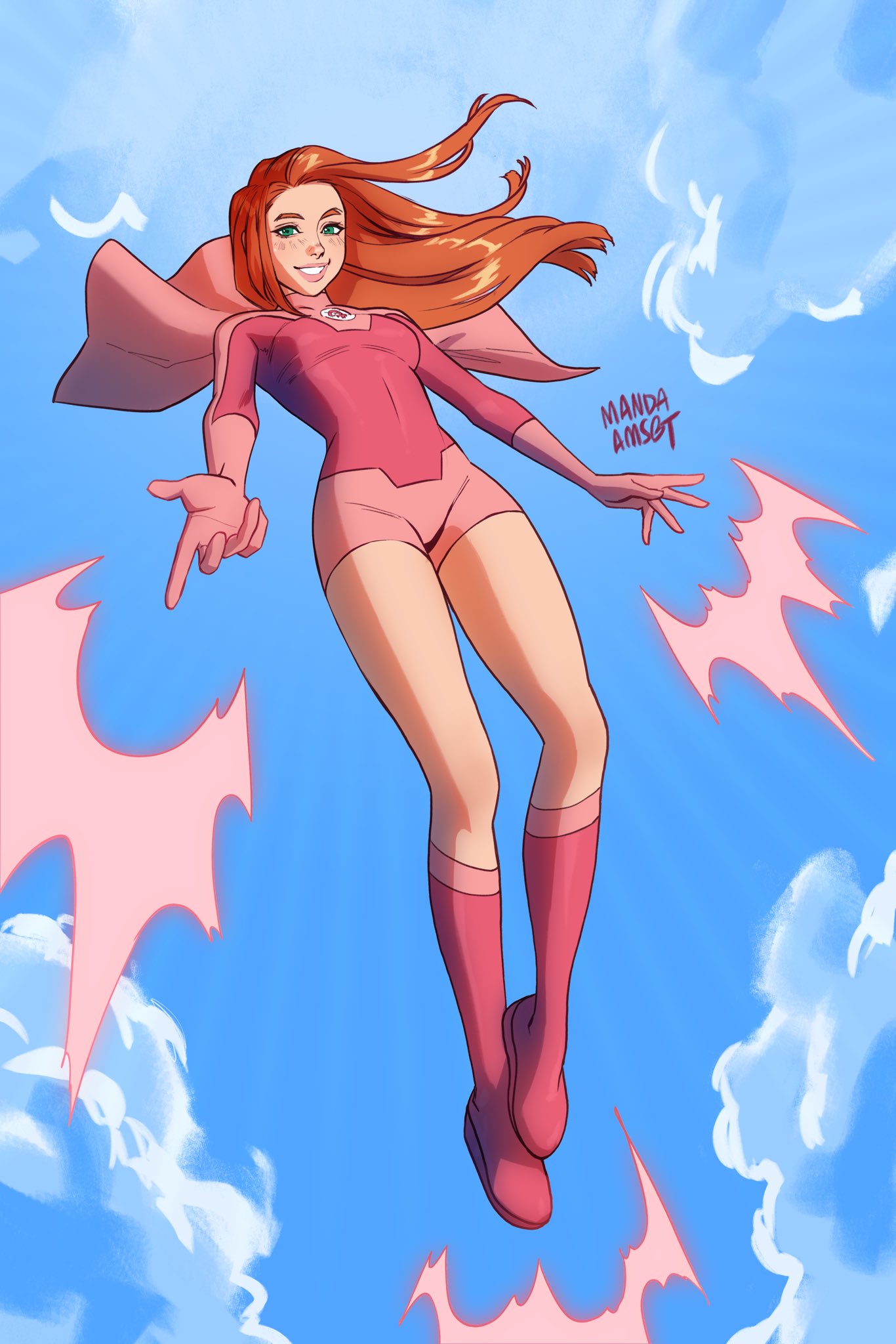 1girl atom_eve blue_sky blush bodysuit boots commentary day english_commentary floating_hair flying full_body green_eyes highres invincible_(series) long_hair looking_at_viewer manda_schank orange_hair outdoors pink_capelet pink_footwear pink_lips signature skin_tight sky smile solo