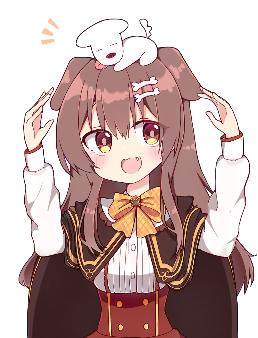 1girl :3 :d animal_ears animal_on_head arms_up bangs blush bone_hair_ornament brown_cape brown_eyes brown_hair buttons cape center_frills dog_ears facing_viewer fang frills hair_between_eyes hair_ornament hairclip high-waist_skirt hololive hoso-inu inugami_korone long_hair long_sleeves on_head open_mouth rabiiandrain red_skirt shirt sideways_glance simple_background skirt smile solo virtual_youtuber white_background white_shirt