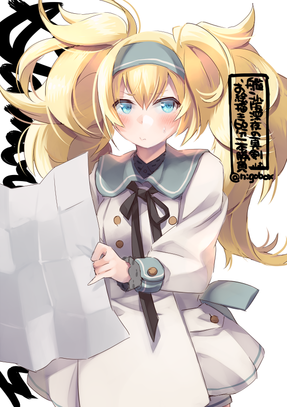 1girl blonde_hair blue_eyes blush buttons closed_mouth dress gambier_bay_(kancolle) hair_between_eyes holding holding_map kantai_collection long_hair long_sleeves map nigo official_alternate_costume simple_background solo twintails twitter_username white_background white_dress