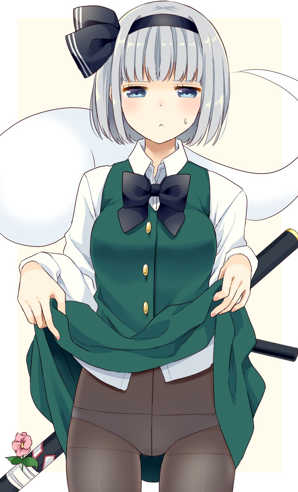 1girl black_legwear black_neckwear black_ribbon blue_eyes blush bow bowtie breasts closed_mouth collared_shirt commentary cowboy_shot dress_shirt embarrassed flower frown green_skirt green_vest hair_ribbon hairband half-closed_eyes highres katana konpaku_youmu konpaku_youmu_(ghost) lifted_by_self long_sleeves looking_at_viewer medium_breasts panties panties_under_pantyhose pantyhose pink_flower ribbon scabbard sheath shirt short_hair silver_hair simple_background skirt skirt_lift skirt_set solo stigma1101 sweatdrop sword touhou underwear vest weapon white_background white_panties white_shirt wing_collar